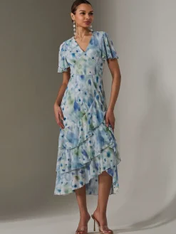 Jolie Moi Occasion Dresses|Floral Dresses-Mesh Print Frill Hem Midaxi Dress, Blue Abstract