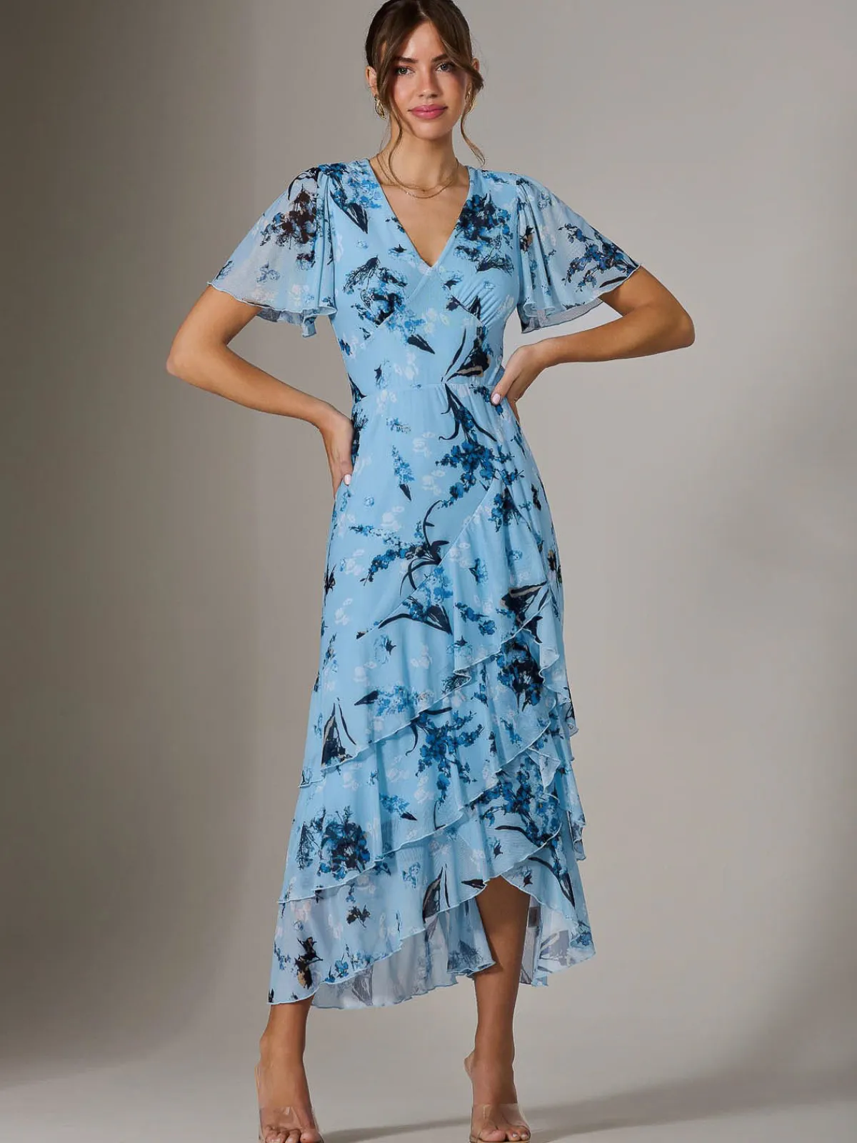 Jolie Moi Occasion Dresses|Floral Dresses-Mesh Print Frill Hem Midaxi Dress, Blue Floral
