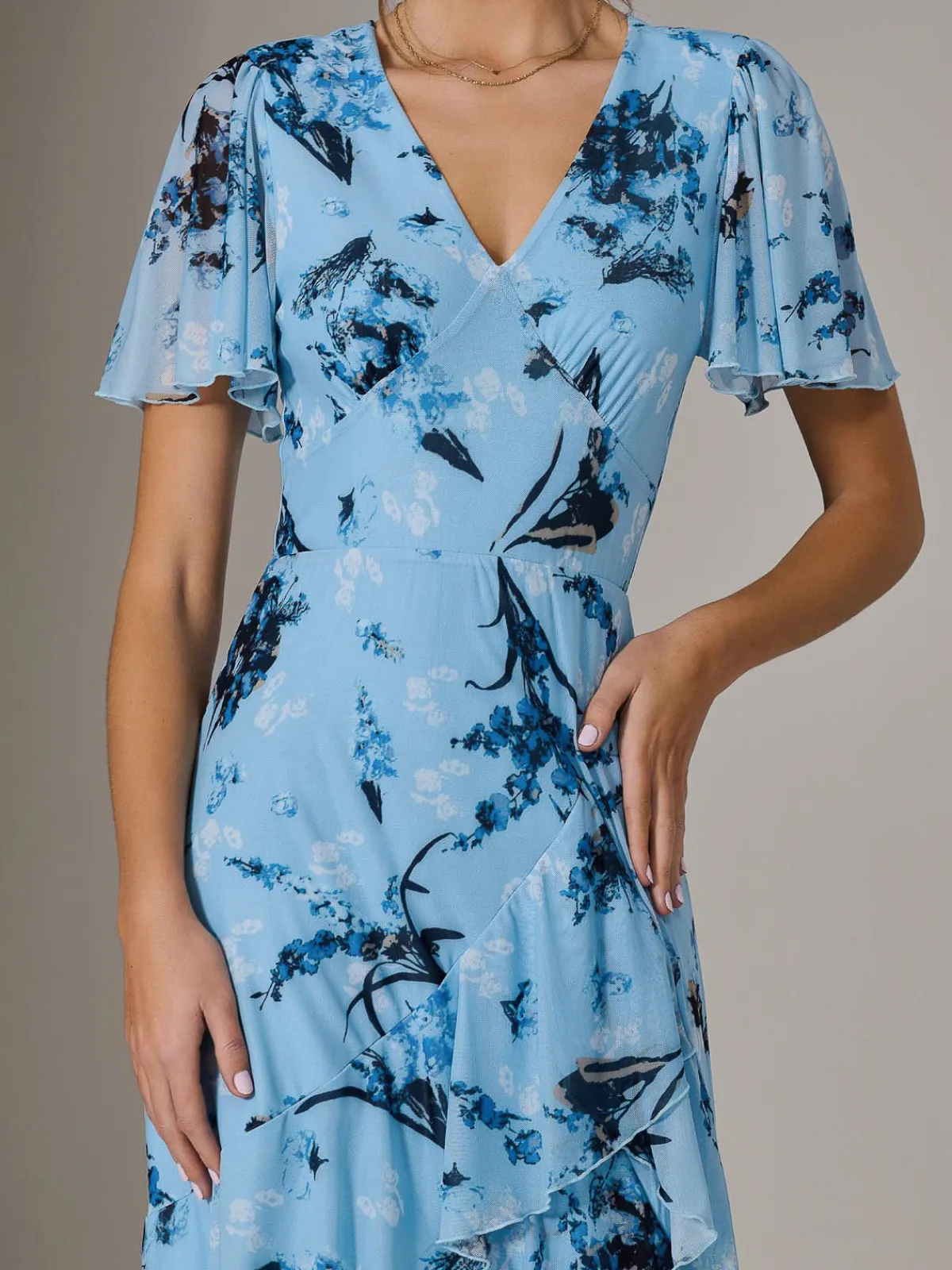 Jolie Moi Occasion Dresses|Floral Dresses-Mesh Print Frill Hem Midaxi Dress, Blue Floral