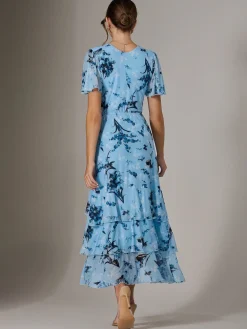 Jolie Moi Occasion Dresses|Floral Dresses-Mesh Print Frill Hem Midaxi Dress, Blue Floral