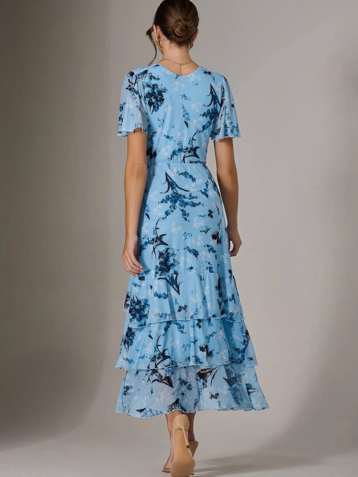 Jolie Moi Occasion Dresses|Floral Dresses-Mesh Print Frill Hem Midaxi Dress, Blue Floral