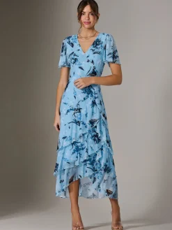 Jolie Moi Occasion Dresses|Floral Dresses-Mesh Print Frill Hem Midaxi Dress, Blue Floral