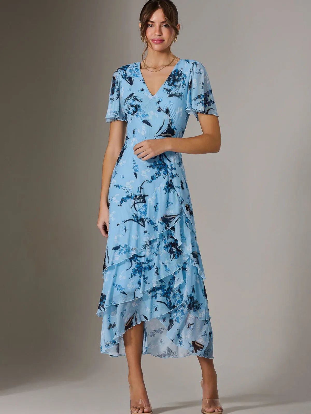 Jolie Moi Occasion Dresses|Floral Dresses-Mesh Print Frill Hem Midaxi Dress, Blue Floral