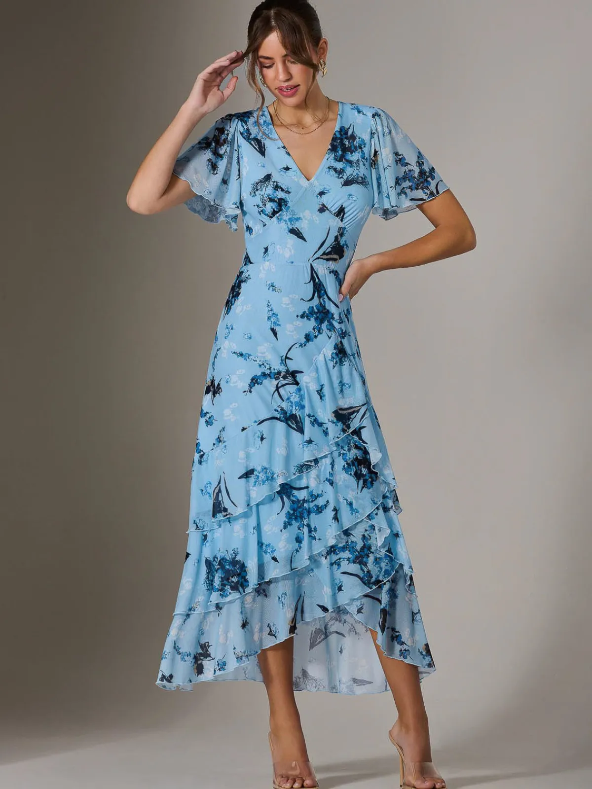 Jolie Moi Occasion Dresses|Floral Dresses-Mesh Print Frill Hem Midaxi Dress, Blue Floral