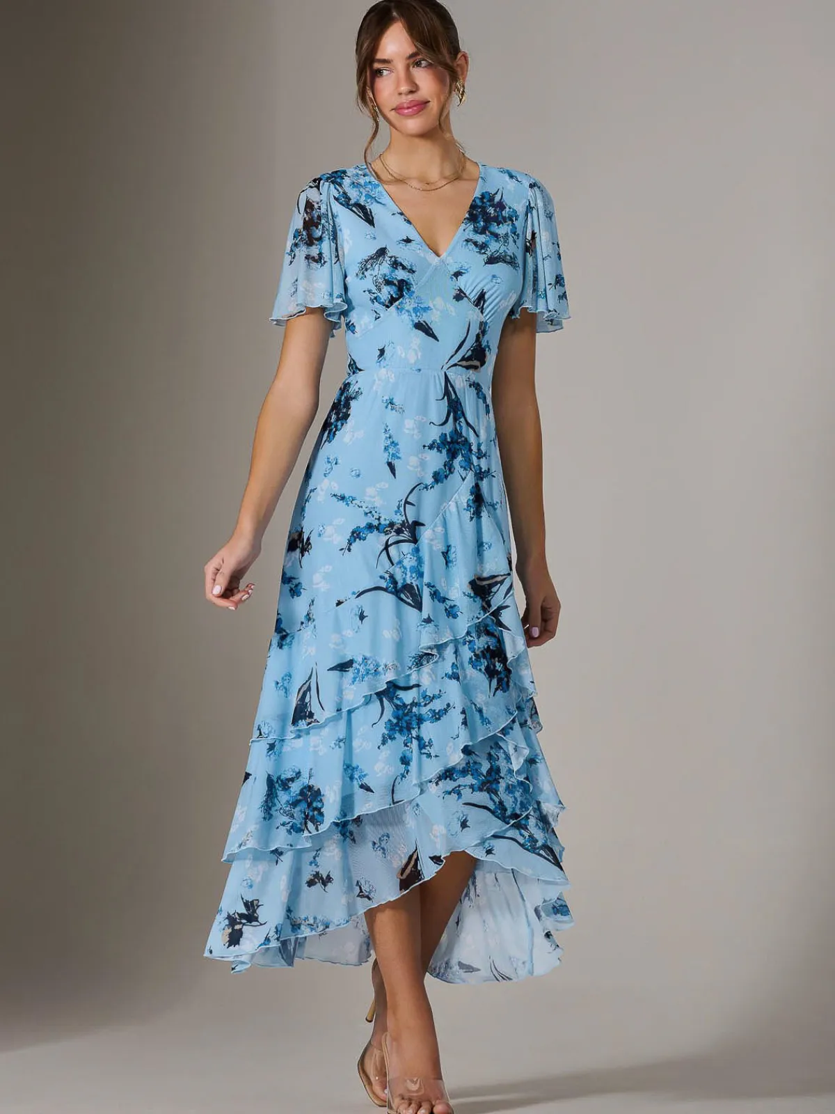 Jolie Moi Occasion Dresses|Floral Dresses-Mesh Print Frill Hem Midaxi Dress, Blue Floral