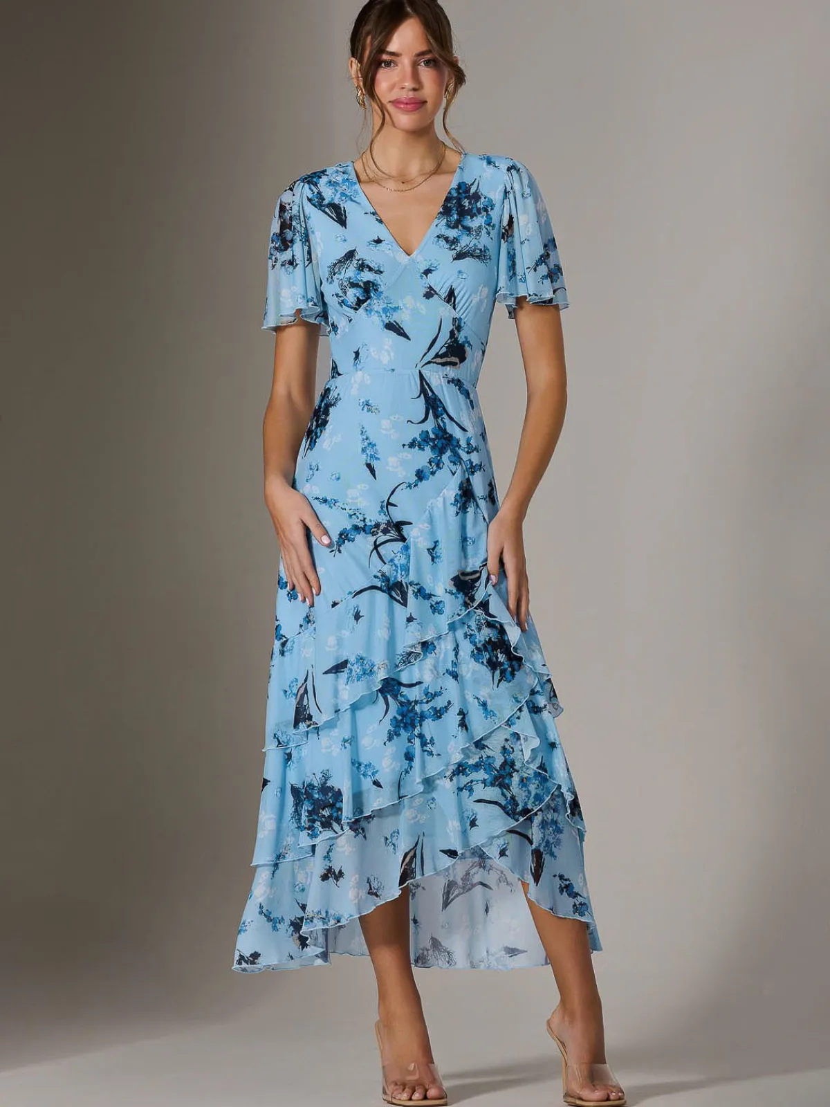 Jolie Moi Occasion Dresses|Floral Dresses-Mesh Print Frill Hem Midaxi Dress, Blue Floral