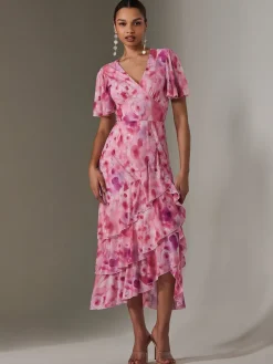 Jolie Moi Occasion Dresses|Mesh Dresses-Mesh Print Frill Hem Midaxi Dress, Pink Abstract