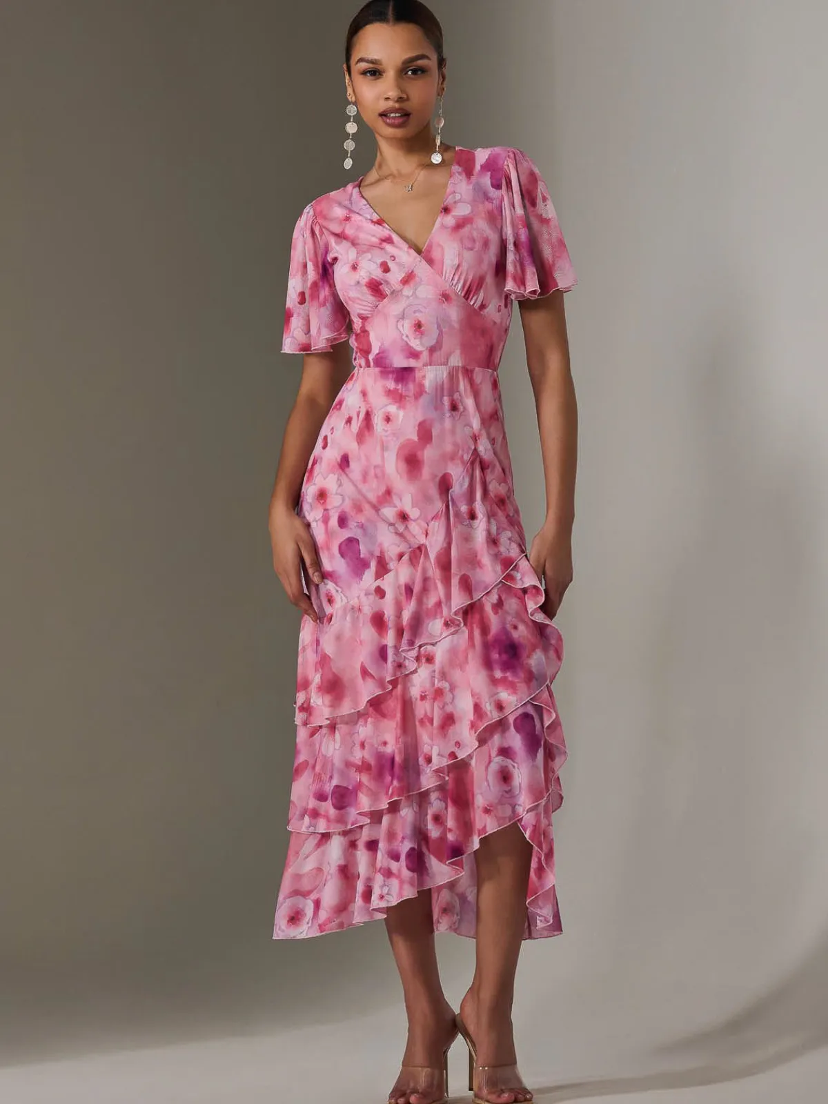 Jolie Moi Occasion Dresses|Mesh Dresses-Mesh Print Frill Hem Midaxi Dress, Pink Abstract