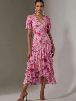 Jolie Moi Occasion Dresses|Mesh Dresses-Mesh Print Frill Hem Midaxi Dress, Pink Abstract