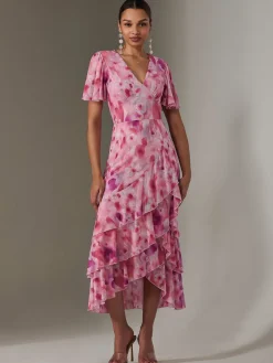 Jolie Moi Occasion Dresses|Mesh Dresses-Mesh Print Frill Hem Midaxi Dress, Pink Abstract