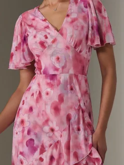 Jolie Moi Occasion Dresses|Mesh Dresses-Mesh Print Frill Hem Midaxi Dress, Pink Abstract