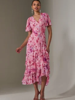 Jolie Moi Occasion Dresses|Mesh Dresses-Mesh Print Frill Hem Midaxi Dress, Pink Abstract
