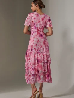Jolie Moi Occasion Dresses|Mesh Dresses-Mesh Print Frill Hem Midaxi Dress, Pink Abstract