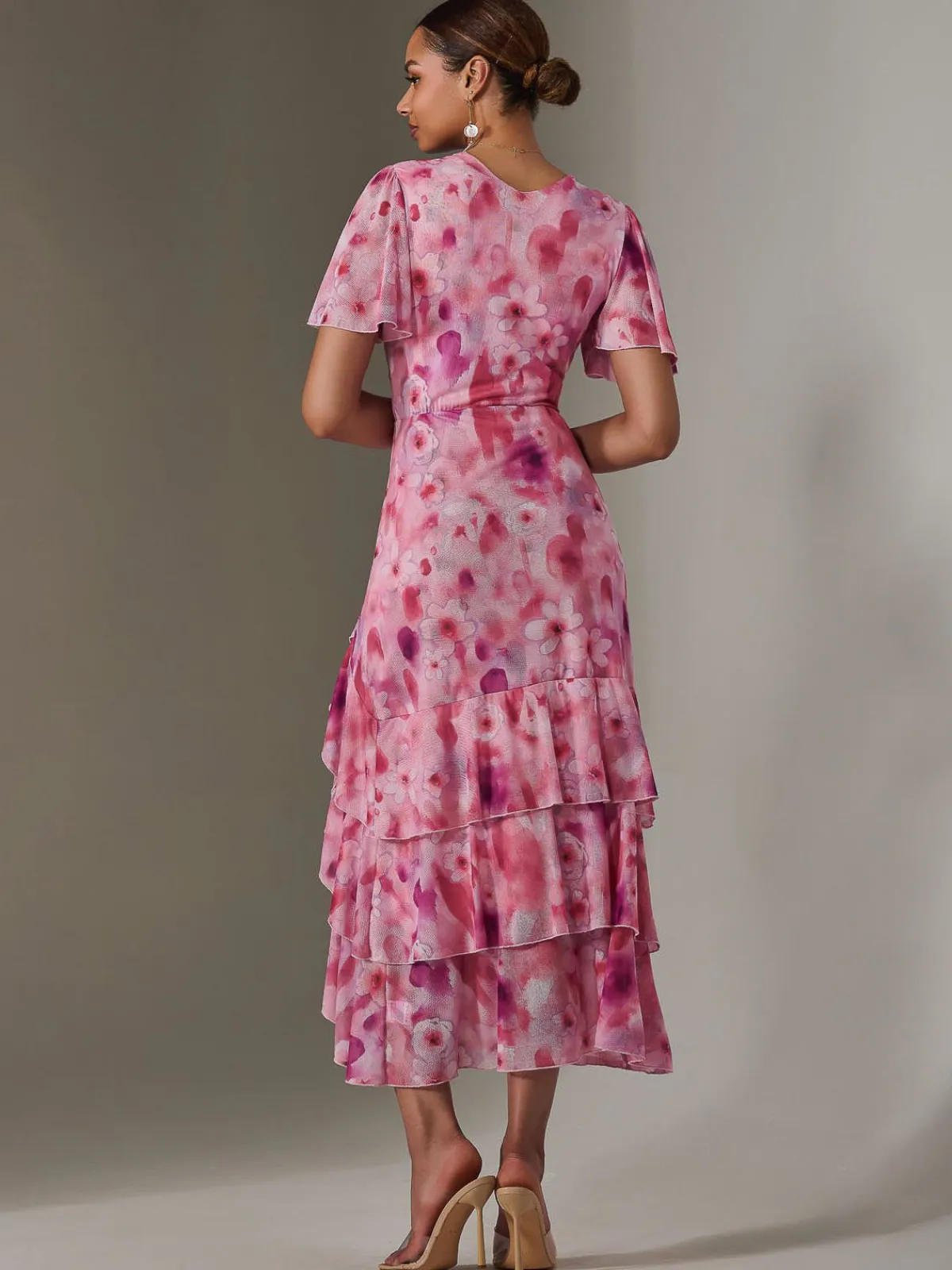 Jolie Moi Occasion Dresses|Mesh Dresses-Mesh Print Frill Hem Midaxi Dress, Pink Abstract