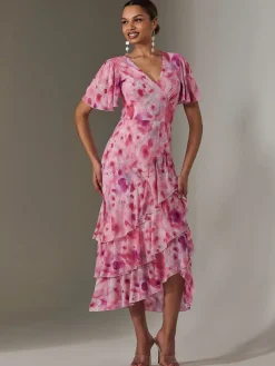 Jolie Moi Occasion Dresses|Mesh Dresses-Mesh Print Frill Hem Midaxi Dress, Pink Abstract