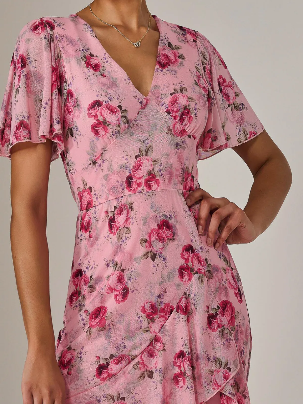 Jolie Moi Occasion Dresses|Floral Dresses-Mesh Print Frill Hem Midaxi Dress, Pink Floral