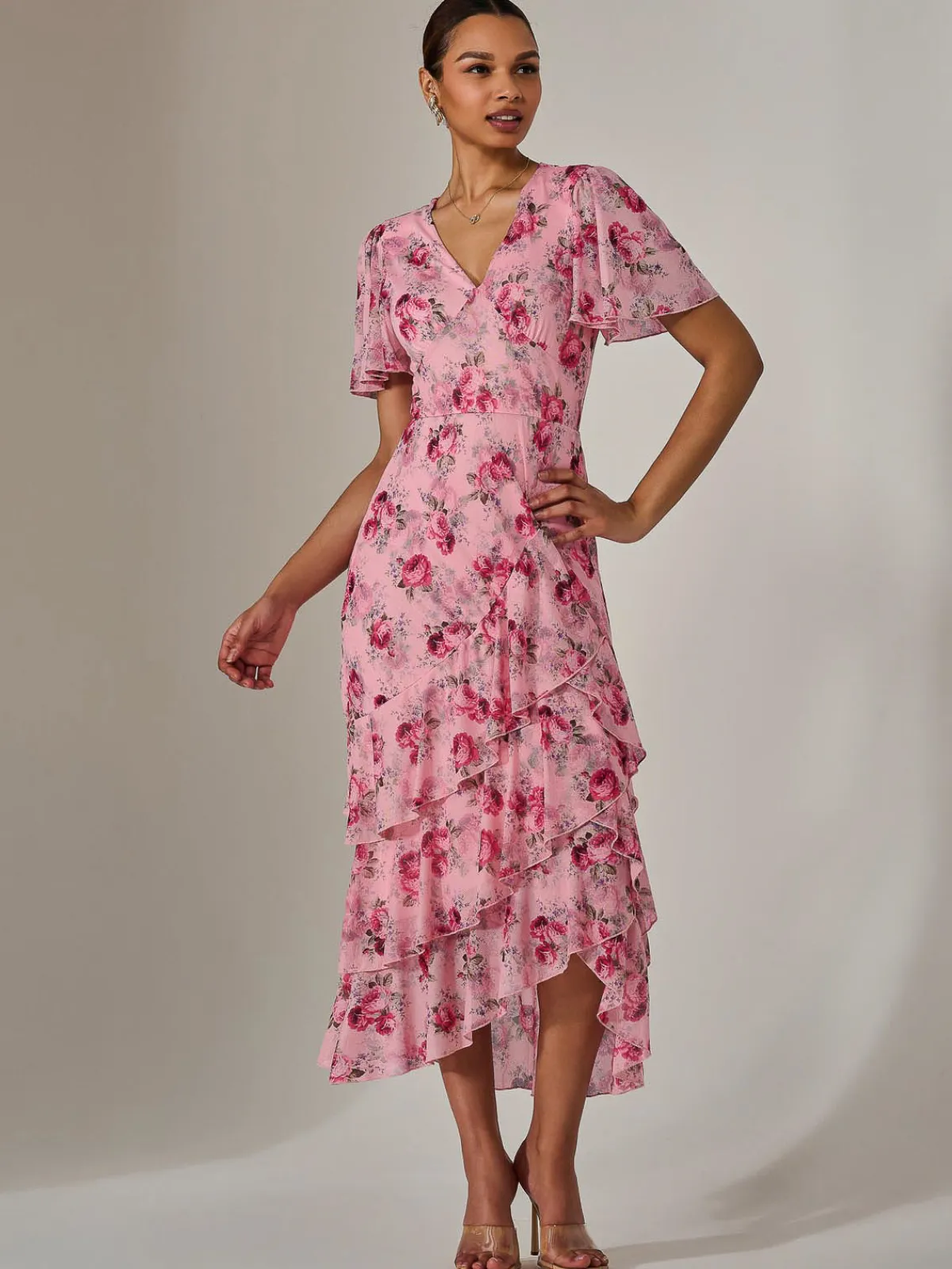 Jolie Moi Occasion Dresses|Floral Dresses-Mesh Print Frill Hem Midaxi Dress, Pink Floral