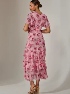 Jolie Moi Occasion Dresses|Floral Dresses-Mesh Print Frill Hem Midaxi Dress, Pink Floral