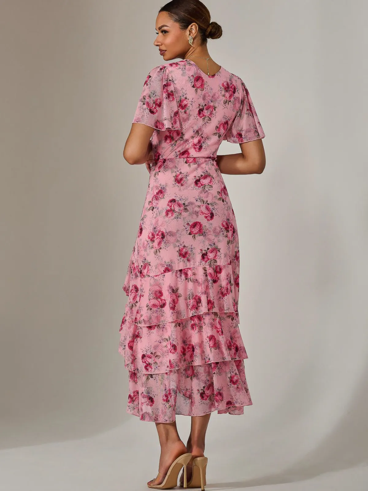 Jolie Moi Occasion Dresses|Floral Dresses-Mesh Print Frill Hem Midaxi Dress, Pink Floral