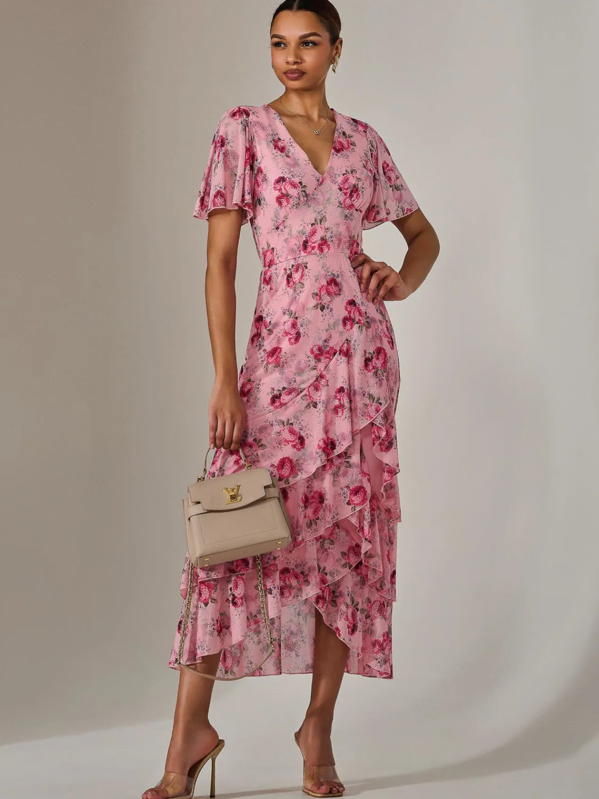 Jolie Moi Occasion Dresses|Floral Dresses-Mesh Print Frill Hem Midaxi Dress, Pink Floral