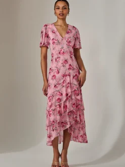 Jolie Moi Occasion Dresses|Floral Dresses-Mesh Print Frill Hem Midaxi Dress, Pink Floral