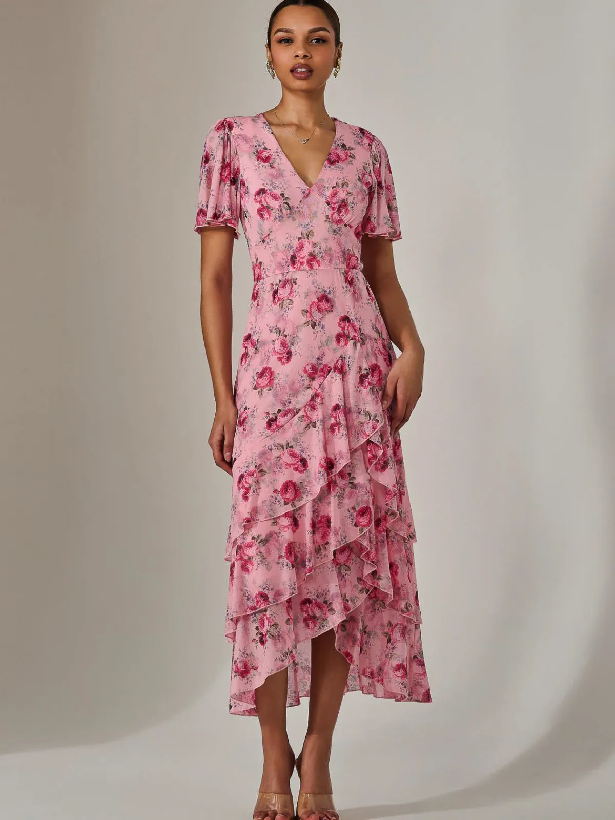 Jolie Moi Occasion Dresses|Floral Dresses-Mesh Print Frill Hem Midaxi Dress, Pink Floral