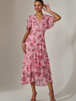 Jolie Moi Occasion Dresses|Floral Dresses-Mesh Print Frill Hem Midaxi Dress, Pink Floral