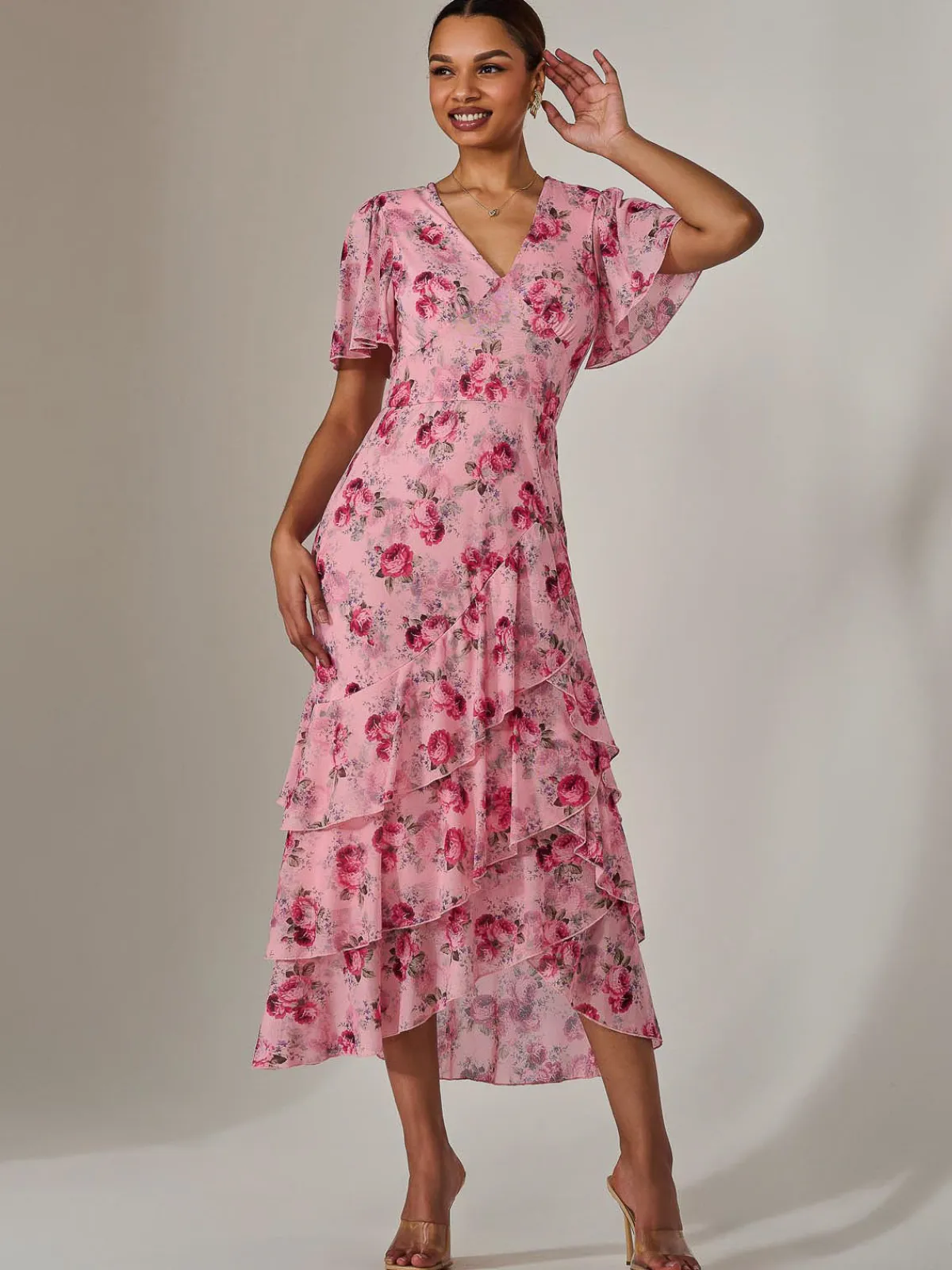 Jolie Moi Occasion Dresses|Floral Dresses-Mesh Print Frill Hem Midaxi Dress, Pink Floral