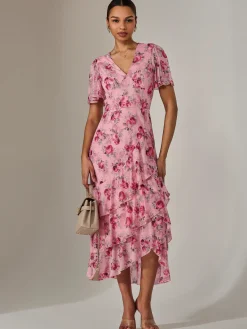Jolie Moi Occasion Dresses|Floral Dresses-Mesh Print Frill Hem Midaxi Dress, Pink Floral
