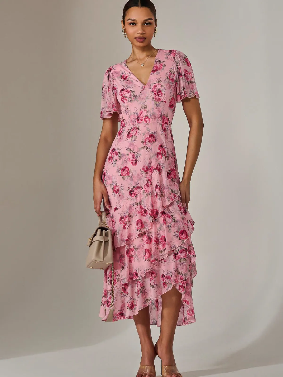 Jolie Moi Occasion Dresses|Floral Dresses-Mesh Print Frill Hem Midaxi Dress, Pink Floral