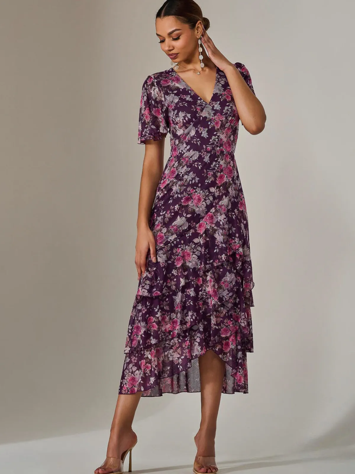 Jolie Moi Occasion Dresses|Floral Dresses-Mesh Print Frill Hem Midaxi Dress, Purple Floral