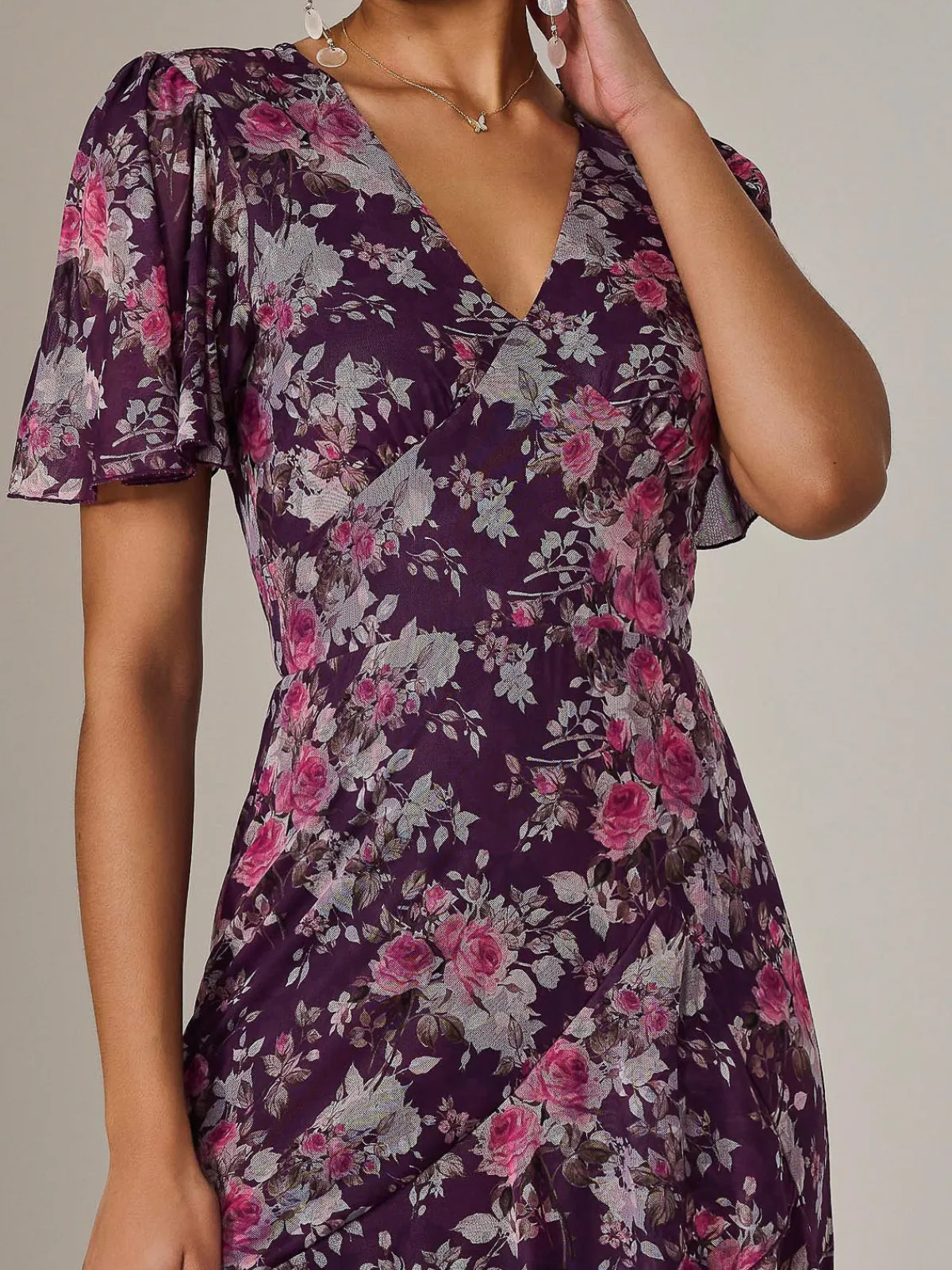 Jolie Moi Occasion Dresses|Floral Dresses-Mesh Print Frill Hem Midaxi Dress, Purple Floral