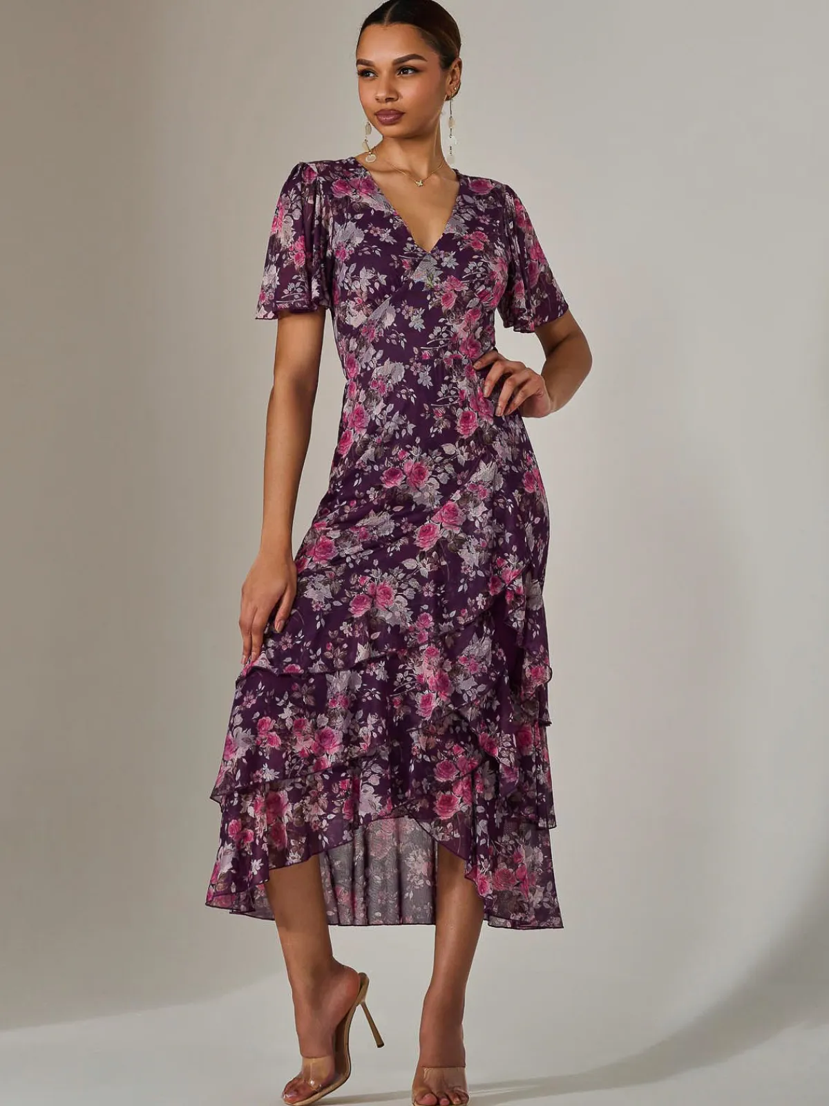 Jolie Moi Occasion Dresses|Floral Dresses-Mesh Print Frill Hem Midaxi Dress, Purple Floral