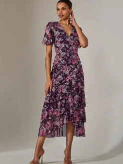 Jolie Moi Occasion Dresses|Floral Dresses-Mesh Print Frill Hem Midaxi Dress, Purple Floral