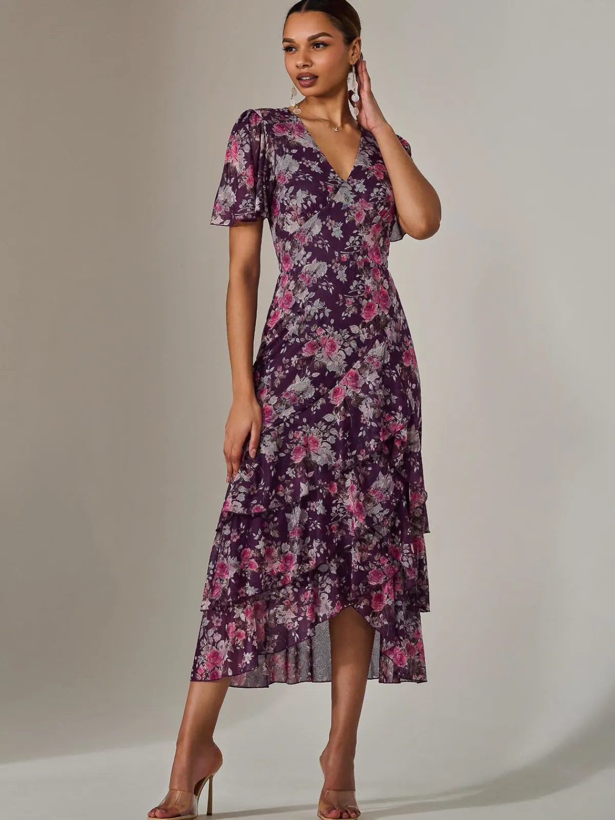 Jolie Moi Occasion Dresses|Floral Dresses-Mesh Print Frill Hem Midaxi Dress, Purple Floral