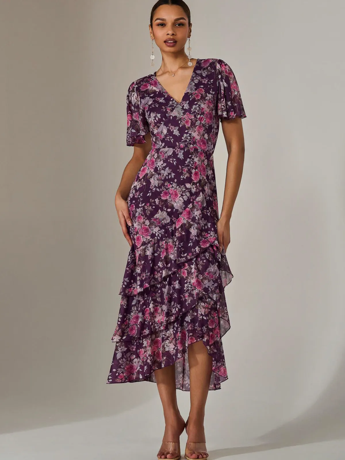 Jolie Moi Occasion Dresses|Floral Dresses-Mesh Print Frill Hem Midaxi Dress, Purple Floral