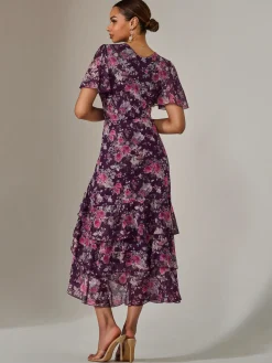 Jolie Moi Occasion Dresses|Floral Dresses-Mesh Print Frill Hem Midaxi Dress, Purple Floral