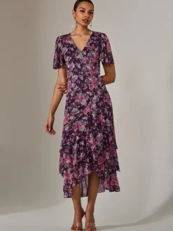 Jolie Moi Occasion Dresses|Floral Dresses-Mesh Print Frill Hem Midaxi Dress, Purple Floral