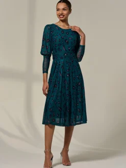 Jolie Moi Occasion Dresses|Mesh Dresses-Mesh Puff Long Sleeve Midaxi Dress, Green Leopard
