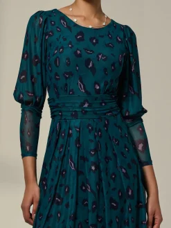 Jolie Moi Occasion Dresses|Mesh Dresses-Mesh Puff Long Sleeve Midaxi Dress, Green Leopard