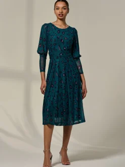 Jolie Moi Occasion Dresses|Mesh Dresses-Mesh Puff Long Sleeve Midaxi Dress, Green Leopard