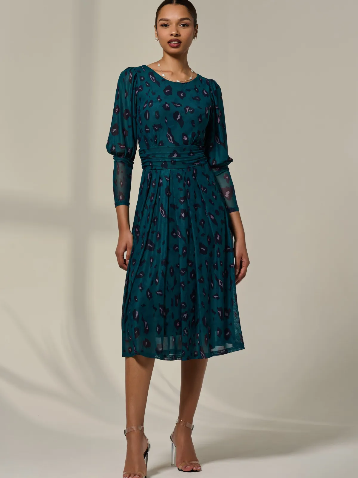 Jolie Moi Occasion Dresses|Mesh Dresses-Mesh Puff Long Sleeve Midaxi Dress, Green Leopard
