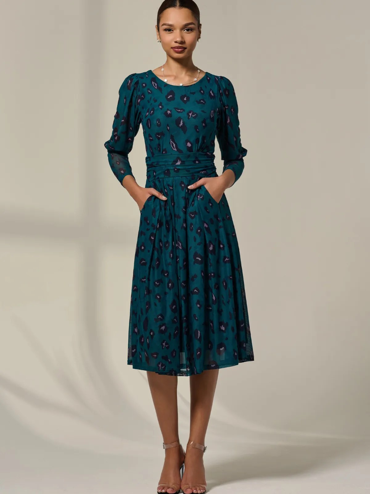 Jolie Moi Occasion Dresses|Mesh Dresses-Mesh Puff Long Sleeve Midaxi Dress, Green Leopard