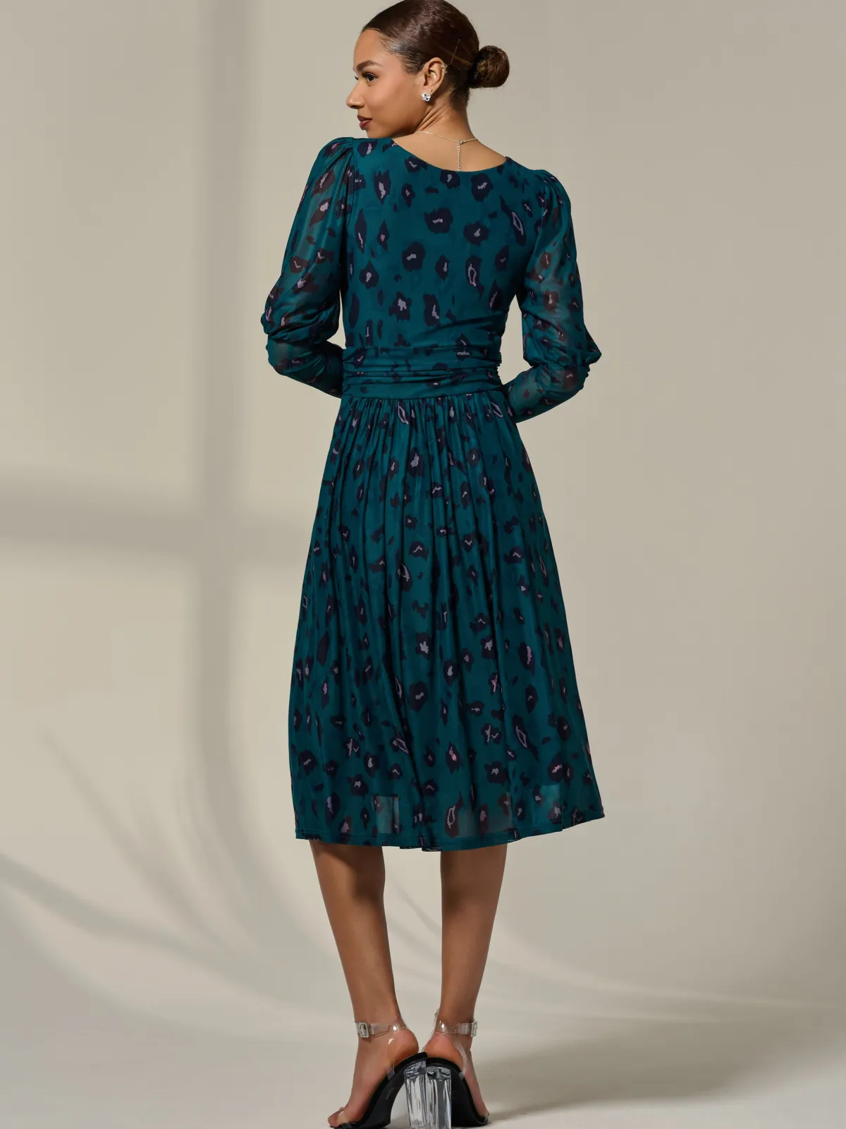 Jolie Moi Occasion Dresses|Mesh Dresses-Mesh Puff Long Sleeve Midaxi Dress, Green Leopard