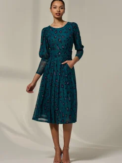 Jolie Moi Occasion Dresses|Mesh Dresses-Mesh Puff Long Sleeve Midaxi Dress, Green Leopard