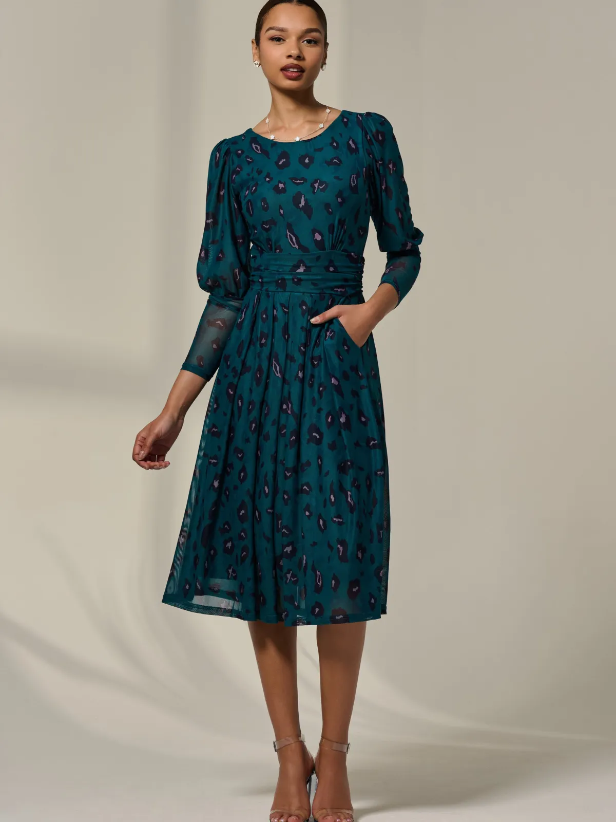 Jolie Moi Occasion Dresses|Mesh Dresses-Mesh Puff Long Sleeve Midaxi Dress, Green Leopard