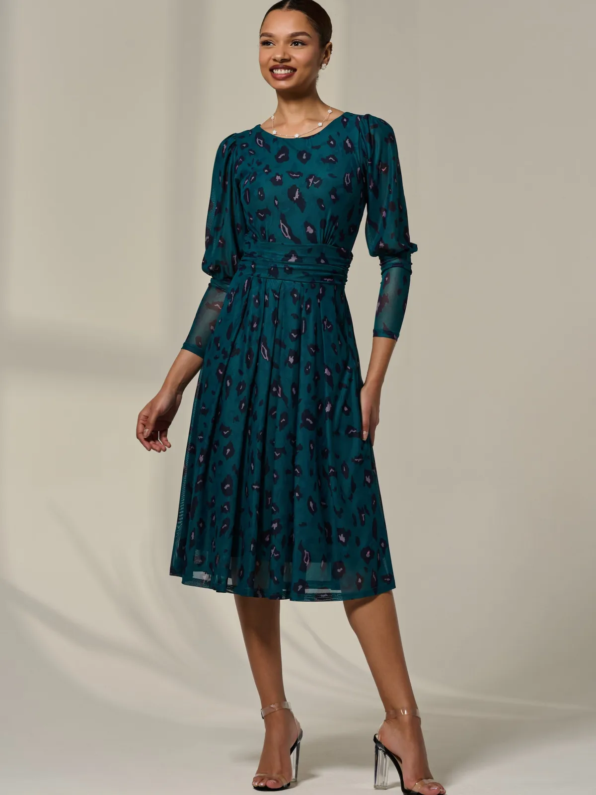 Jolie Moi Occasion Dresses|Mesh Dresses-Mesh Puff Long Sleeve Midaxi Dress, Green Leopard
