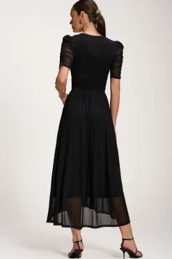 Jolie Moi Occasion Dresses|Party Dresses-Mesh Ruched Sleeve Maxi Dress, Black