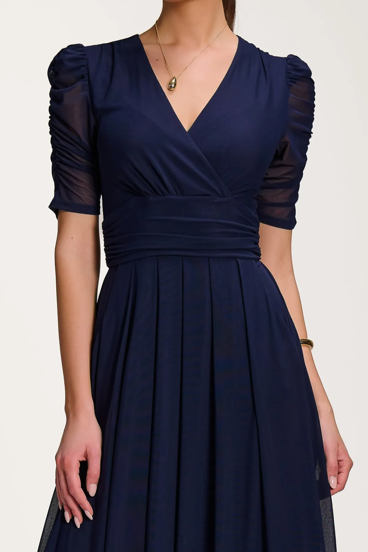 Jolie Moi Occasion Dresses|Party Dresses-Mesh Ruched Sleeve Maxi Dress, Navy