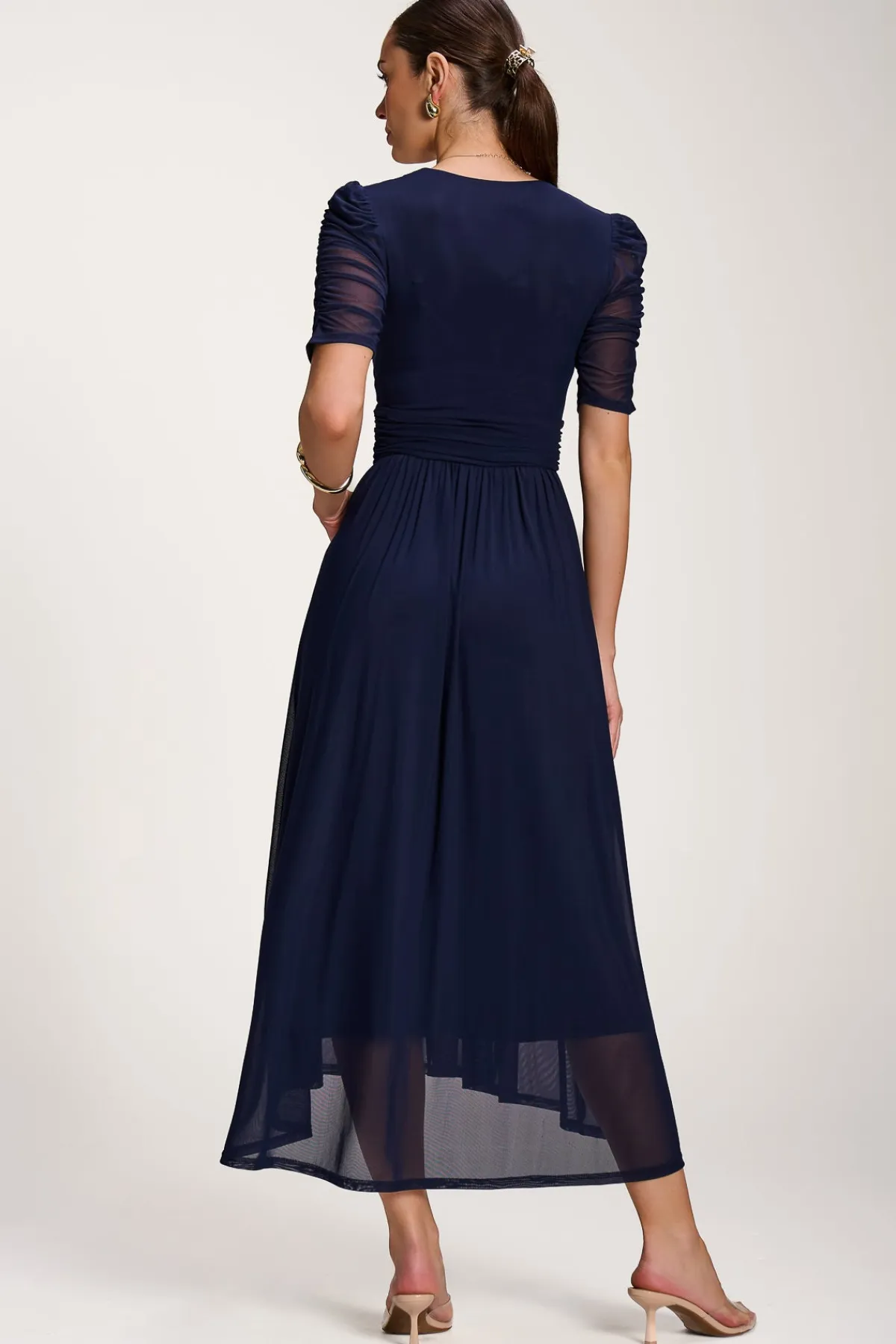 Jolie Moi Occasion Dresses|Party Dresses-Mesh Ruched Sleeve Maxi Dress, Navy